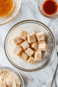 This image shows coated tofu nuggets resting on a wire rack, ready to be fried into crispy and spicy nuggets.