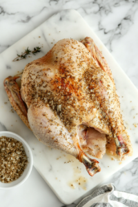 This image shows an onion soup mix being generously sprinkled and rubbed onto the turkey breast for flavorful seasoning.