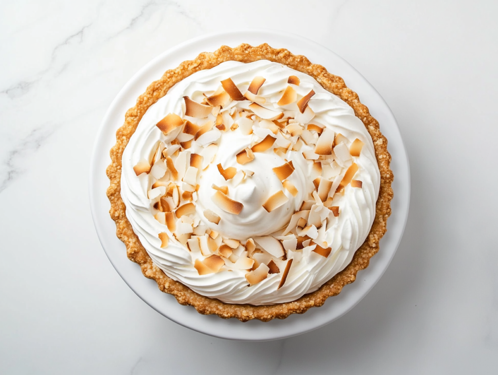 This image shows a beautifully presented coconut cream pie on a white round plate, featuring a creamy coconut center topped with golden toasted coconut shavings for added texture and flavor.