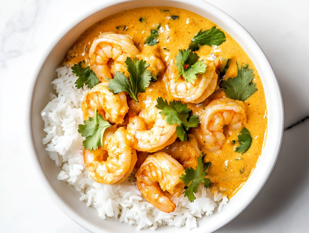 This image shows a white bowl filled with creamy coconut curry shrimp, accompanied by a side of steamed rice and garnished with fresh cilantro, making for a vibrant and flavorful dish.