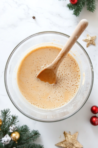 This image shows wet ingredients, including milk, eggs, and melted butter, being whisked together in a medium-sized mixing bowl to create a smooth and cohesive mixture.