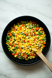 This image shows frozen corn and other vegetables being sautéed in a skillet, releasing their vibrant colors and sweetness for shrimp fried rice.