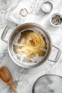 This image shows pasta being cooked in a large pot of boiling water, preparing it to pair with the seasoned shrimp and Bang Bang sauce.