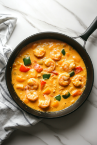 This image shows shrimp being cooked to perfection in the simmering creamy curry, ensuring they are tender and flavorful.