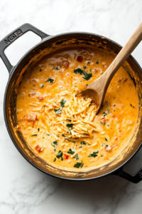 this image shows Spaghetti noodles being cooked in the creamy garlic sauce with sautéed Brussels sprouts, allowing the pasta to absorb the rich flavors.