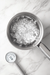 This image shows the sugar syrup being cooked on the stove, with a thermometer measuring 240°F, achieving the soft-ball stage.