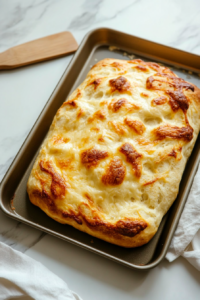 A view of golden cheese bread resting on a baking sheet, cooling for a few minutes before slicing.