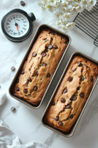 A top-down shot of the freshly baked chocolate chip zucchini bread cooling in the loaf pans, showcasing its golden brown crust.