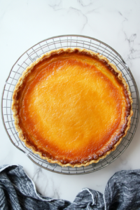 This image shows the baked coconut pie cooling on a wire rack, allowing the filling to set before the meringue topping is added.