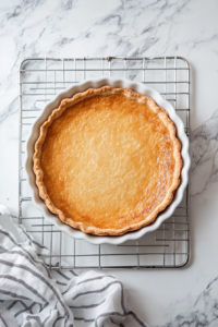 This image shows the freshly baked tart crust resting on a wire rack, cooling down completely before the chocolate filling is added.