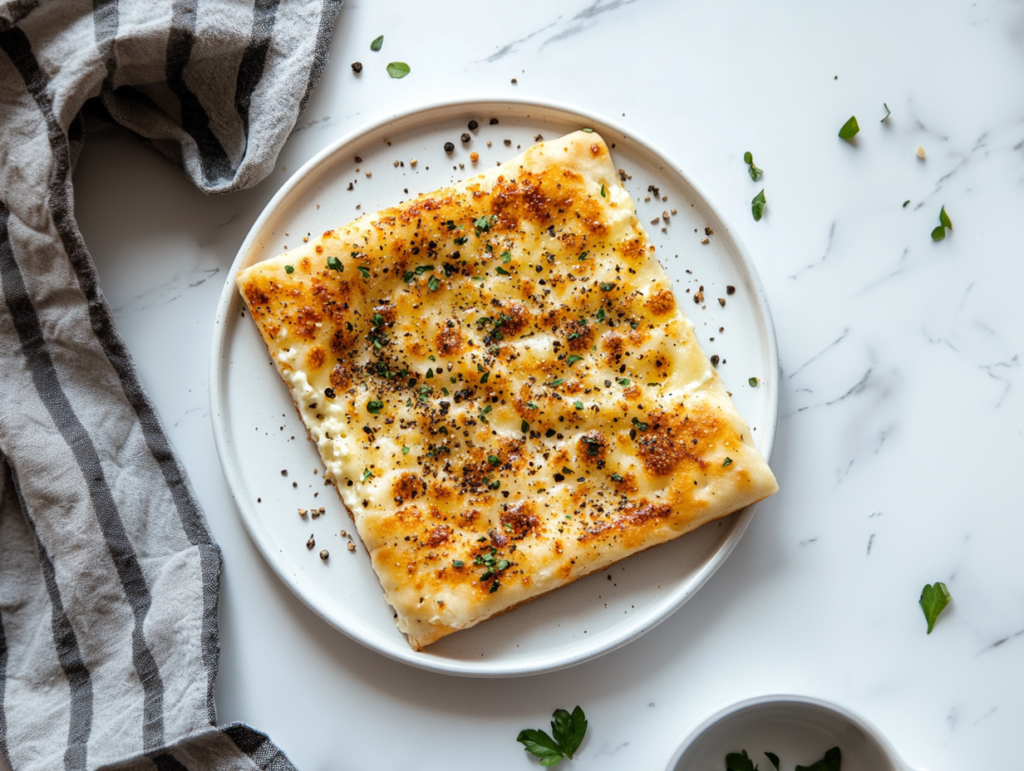 this image shows A square-shaped cottage cheese flatbread served on a white round plate, topped with a sprinkle of Italian seasoning for a flavorful and healthy snack.