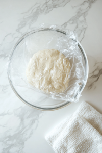 This image shows the oiled dough being covered with a clean cloth or plastic wrap to trap moisture and aid in rising.