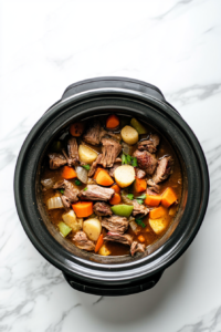 This image shows the lid being placed on the slow cooker, beginning the slow cooking process to transform the roast and vegetables into a tender and flavorful meal.