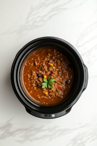 This image shows the slow cooker being covered with a lid, beginning the process of cooking the Crockpot White Chicken Chili on low heat for several hours.