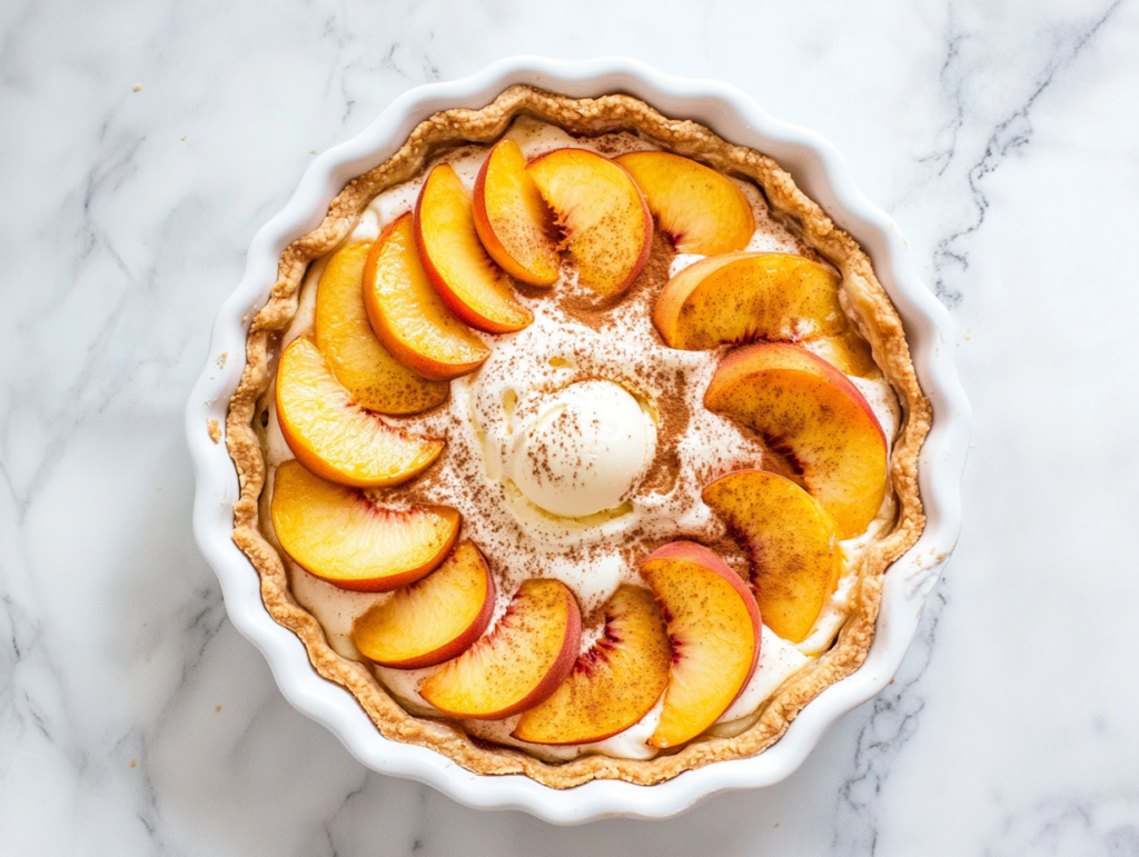 This image shows a beautifully presented cream pie served in a white dish, featuring a golden-brown crust filled with peach-flavored cream and topped with fresh peach slices, perfect for dessert meals.