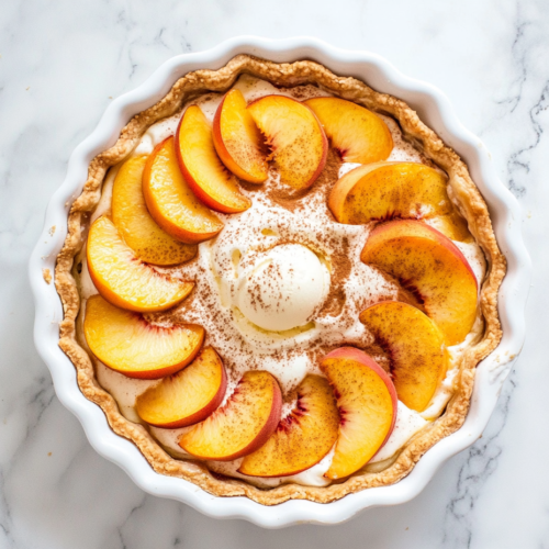 This image shows a beautifully presented cream pie served in a white dish, featuring a golden-brown crust filled with peach-flavored cream and topped with fresh peach slices, perfect for dessert meals.