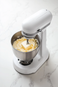 This image shows softened unsalted butter being creamed in a stand mixer, creating a smooth and fluffy base for homemade buttercream frosting.