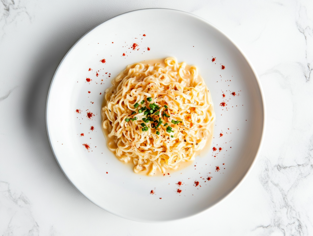 This image shows a plate of creamy garlic noodles served on a white round plate, topped with minced garlic, chopped spring onions, and a sprinkle of chili flakes, creating a visually appealing and flavorful dish.