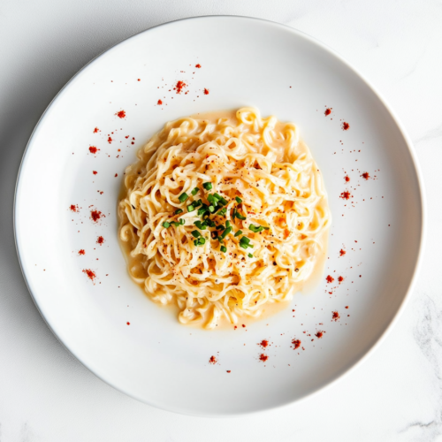 This image shows a plate of creamy garlic noodles served on a white round plate, topped with minced garlic, chopped spring onions, and a sprinkle of chili flakes, creating a visually appealing and flavorful dish.