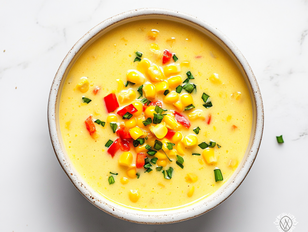 This image shows a creamy vegan corn chowder served in a white bowl, enriched with tender corn kernels and diced bell pepper, and garnished with freshly chopped cilantro for a vibrant and flavorful presentation.