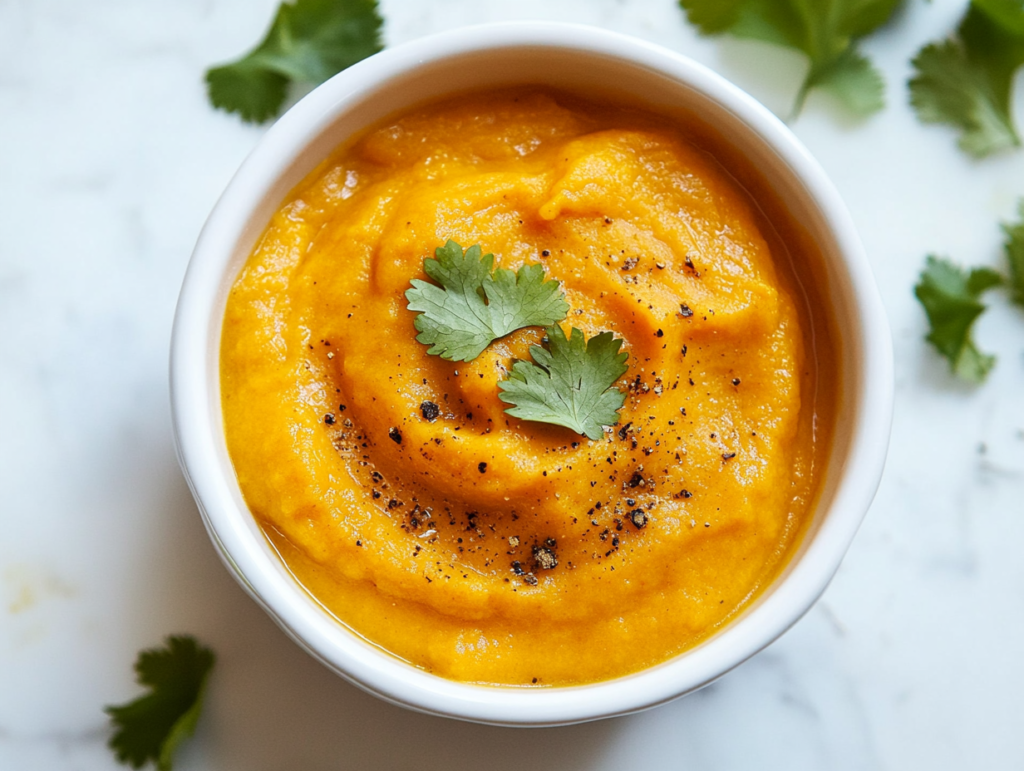 This image shows a creamy vegan sweet potato soup served in a white round bowl, enriched with coconut cream and blended vegetables, and garnished with fresh cilantro and black pepper.