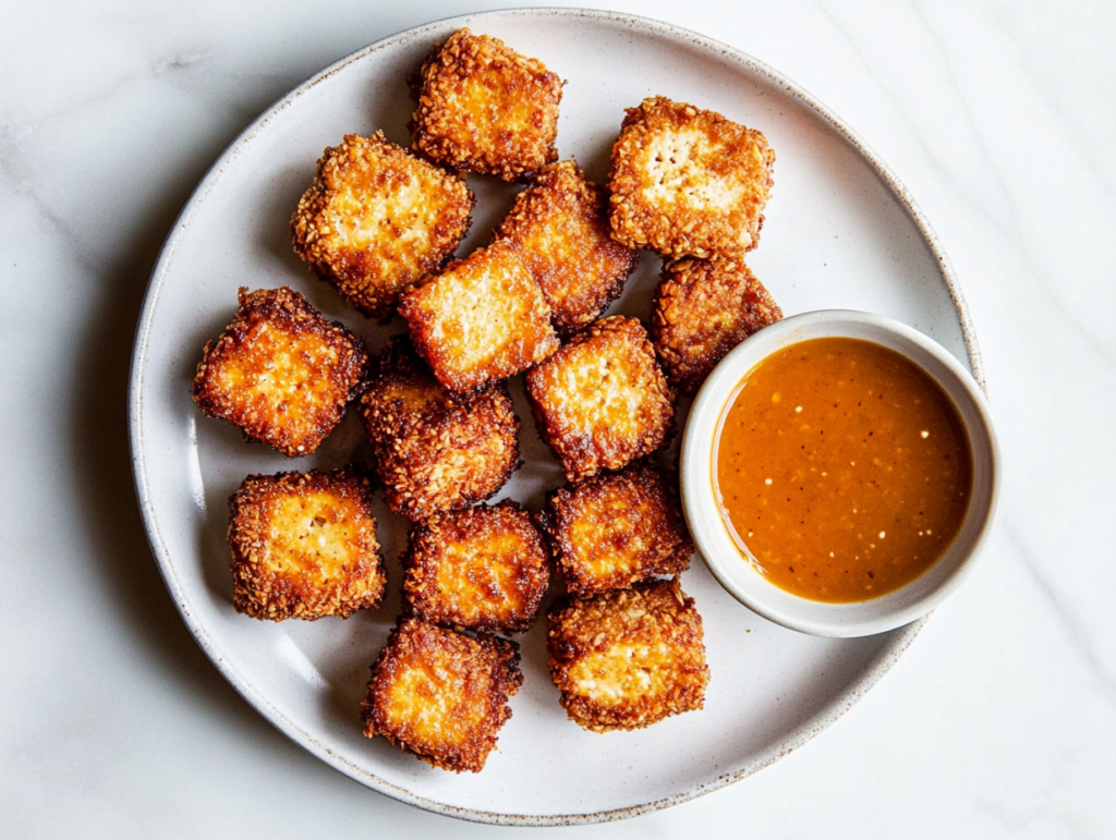 This image shows a top-down view of crispy Wendy's-style spicy tofu nuggets on a white plate, accompanied by a dipping sauce on the side, ready to serve and enjoy.