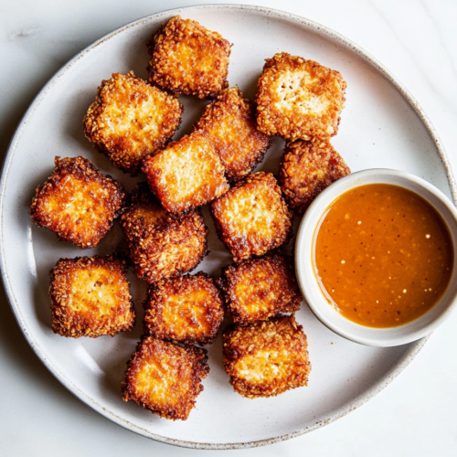 This image shows a top-down view of crispy Wendy's-style spicy tofu nuggets on a white plate, accompanied by a dipping sauce on the side, ready to serve and enjoy.