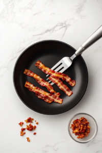 This image shows strips of bacon being cooked to crispy perfection in a pan and then crumbled into small pieces, ready to be used as a topping for the salad.