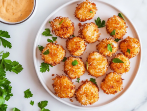 this image shows A plate of crispy, golden brown keto coconut shrimp beautifully arranged, garnished with fresh cilantro, and accompanied by a flavorful dipping sauce on the side for added taste.