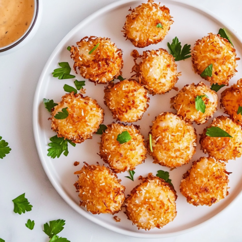 this image shows A plate of crispy, golden brown keto coconut shrimp beautifully arranged, garnished with fresh cilantro, and accompanied by a flavorful dipping sauce on the side for added taste.