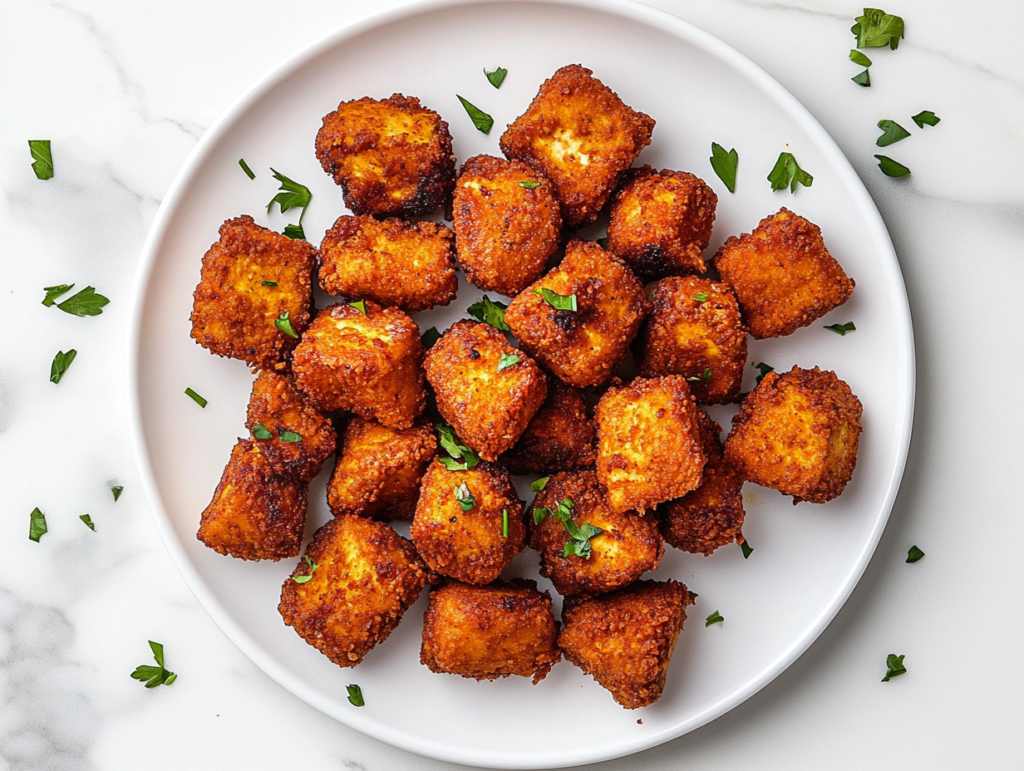 This image shows a top-down view of crispy vegan fried chicken served on a white round plate, garnished with chopped cilantro, ready to enjoy.