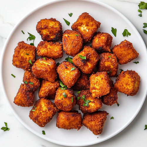 This image shows a top-down view of crispy vegan fried chicken served on a white round plate, garnished with chopped cilantro, ready to enjoy.