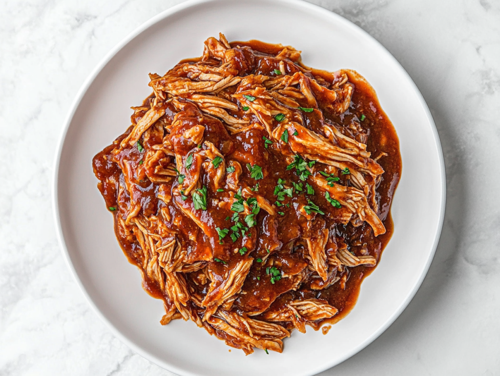 A beautifully plated dish of Crockpot BBQ Chicken on a white round plate, featuring tender chicken flavored with BBQ sauce, vinegar, brown sugar, garlic powder, and red pepper flakes, topped with freshly chopped cilantro.