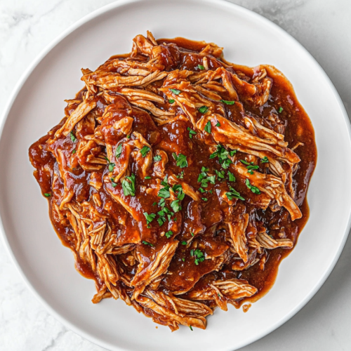 A beautifully plated dish of Crockpot BBQ Chicken on a white round plate, featuring tender chicken flavored with BBQ sauce, vinegar, brown sugar, garlic powder, and red pepper flakes, topped with freshly chopped cilantro.