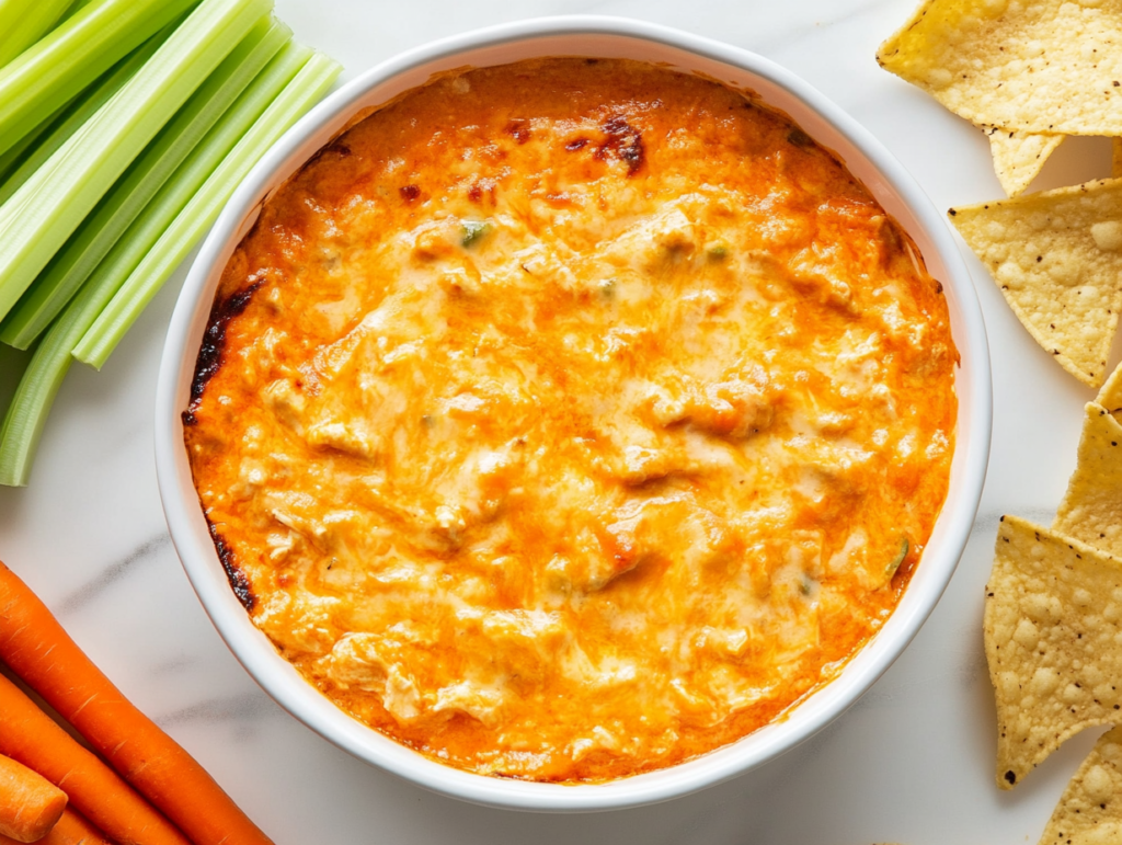 This image shows the Buffalo Chicken Dip cooking in the crockpot, with the cheese melting and the ingredients blending into a creamy and flavorful mixture.