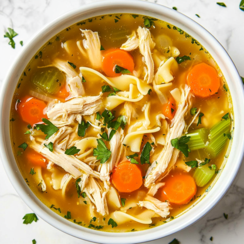 This image shows a comforting bowl of Crockpot Chicken Noodle Soup, featuring tender noodles, shredded chicken, and pieces of carrots and beans in a flavorful broth, served in a white bowl.