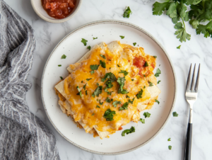 This image shows Crockpot Enchiladas served on a round white plate, topped with freshly chopped cilantro. The enchiladas are made with layers of tortillas, seasoned ground beef, cheese, and a flavorful sauce.