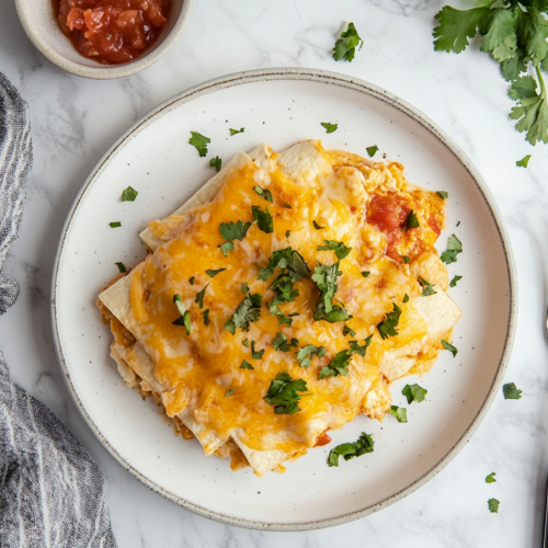 This image shows Crockpot Enchiladas served on a round white plate, topped with freshly chopped cilantro. The enchiladas are made with layers of tortillas, seasoned ground beef, cheese, and a flavorful sauce.