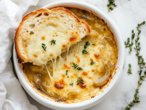 This image shows a bowl of Crockpot French Onion Soup topped with a slice of toasted bread and melted cheese, enhancing the caramelized onions and cheese flavor.