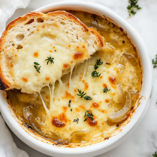 This image shows a bowl of Crockpot French Onion Soup topped with a slice of toasted bread and melted cheese, enhancing the caramelized onions and cheese flavor.