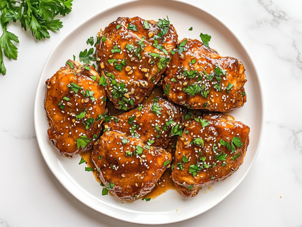 This image shows Crockpot Honey Garlic Chicken beautifully served on a white round plate, topped with freshly chopped cilantro and white sesame seeds for an elegant presentation.