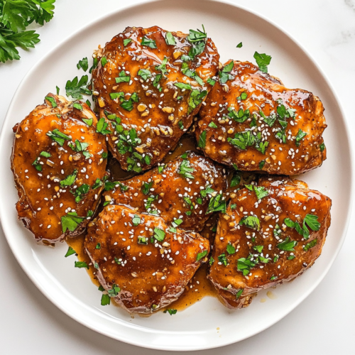 This image shows Crockpot Honey Garlic Chicken beautifully served on a white round plate, topped with freshly chopped cilantro and white sesame seeds for an elegant presentation.