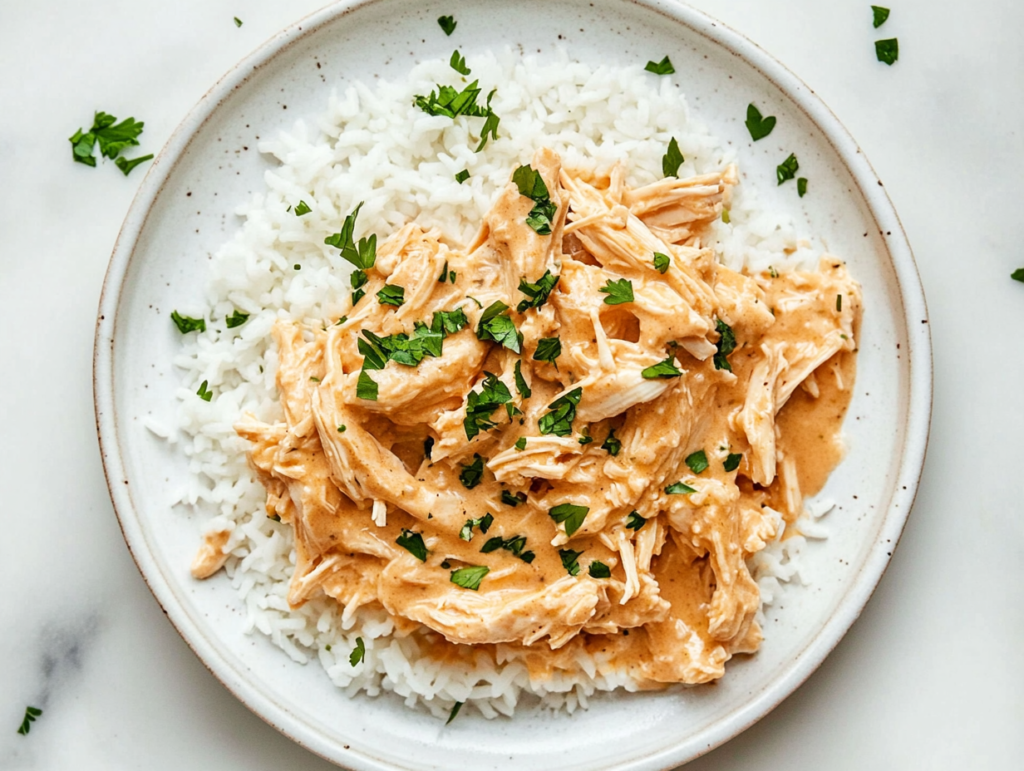 white round plate with creamy Crockpot Italian Chicken topped with Italian seasoning, cream cheese, and cilantro for a flavorful presentation.