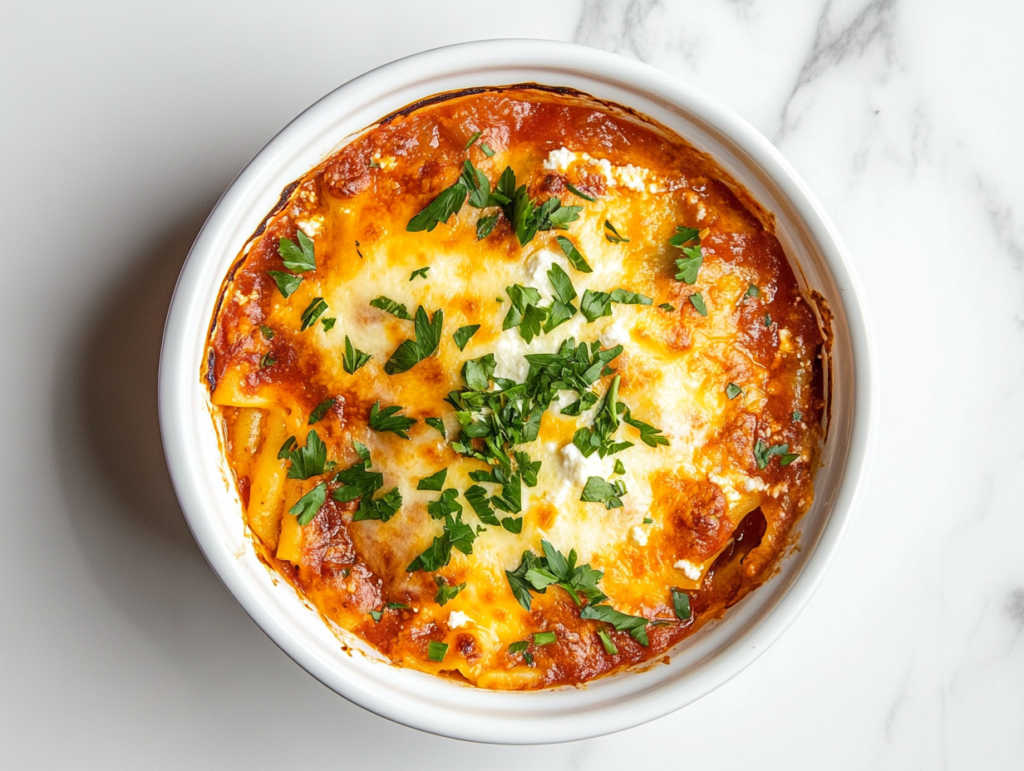 This image shows Crockpot Lasagna With Ricotta served in a round white bowl, topped with a layer of melted cheese and fresh chopped cilantro for added freshness and flavor.