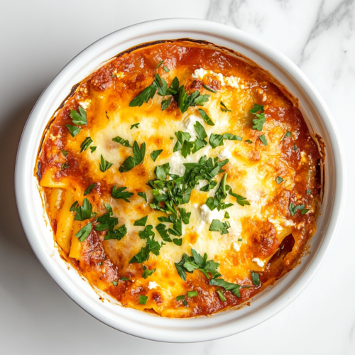 This image shows Crockpot Lasagna With Ricotta served in a round white bowl, topped with a layer of melted cheese and fresh chopped cilantro for added freshness and flavor.