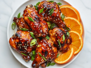 This image shows Crockpot Orange Chicken served on a round white plate, topped with white sesame seeds and chopped green onions. Orange slices are placed on the side for garnish.