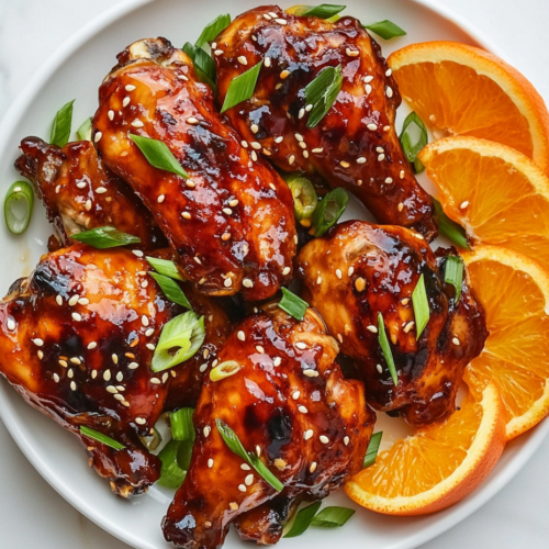 This image shows Crockpot Orange Chicken served on a round white plate, topped with white sesame seeds and chopped green onions. Orange slices are placed on the side for garnish.