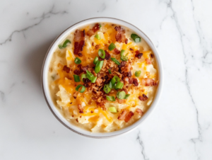 This image shows a bowl of crockpot potato soup made with hashbrowns, served in a round white bowl with the creamy flavor of cream cheese and topped with crispy bacon bits for extra flavor.