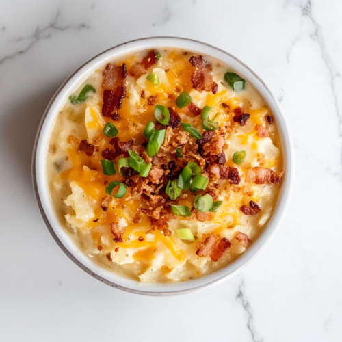 This image shows a bowl of crockpot potato soup made with hashbrowns, served in a round white bowl with the creamy flavor of cream cheese and topped with crispy bacon bits for extra flavor.