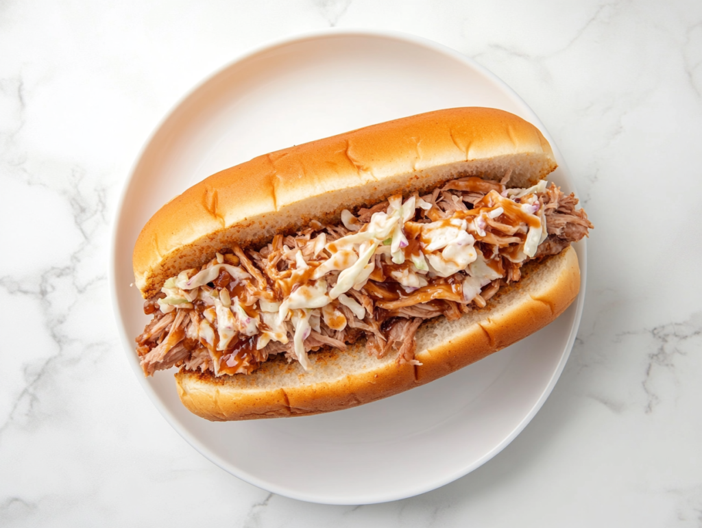 This image shows a delicious serving of Crockpot Pulled Pork presented on a white plate, seasoned with a blend of paprika, brown sugar, salt, and pepper, with tender and juicy meat ready to enjoy.